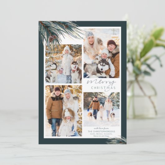 Pine Script Frohe Weihnachten 4 Foto Collage (Stehend Vorderseite)