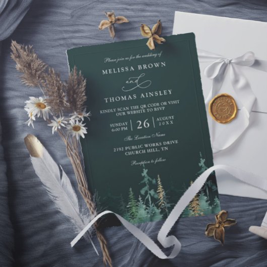 PINE Smaragdgrün und Gold QR-Code-Hochzeit Einladung