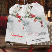 Pine Sprig Red Berries Snowstorm Frohe Weihnachten Geschenkanhänger