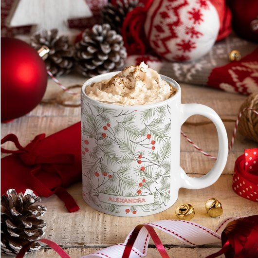 Pine Sprigs and Berries Custom Name Christmas Kaffeetasse
