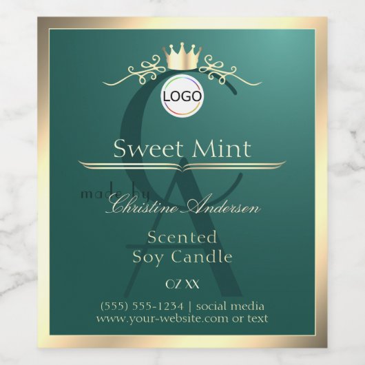 Pine Teal Product Label Gold Frame Logo Monogram Weinetikett (Einzelnes Label)