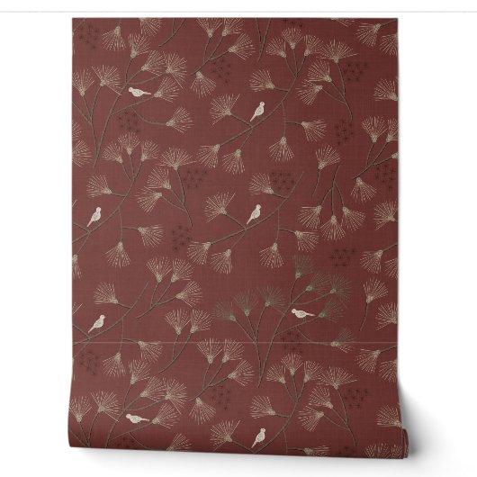 Pine Tree and Bird Pattern on Ruby Red Tapete (Abrollen)