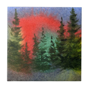 Pine Tree and Northern Lights Nocturnal Sky Tile Fliese