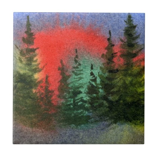 Pine Tree and Northern Lights Nocturnal Sky Tile Fliese (Vorderseite)
