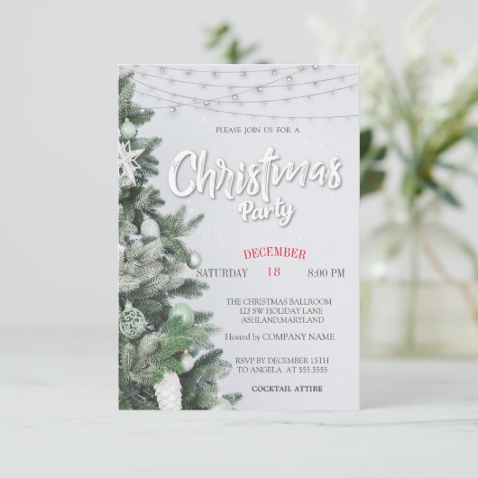 Pine Tree, Balls, Lights Weihnachtsgebäck Party Einladung (Stehend Vorderseite)