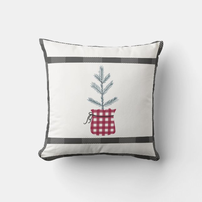 Pine Tree Black Red Kariert Holiday Country Kissen (Vorderseite)