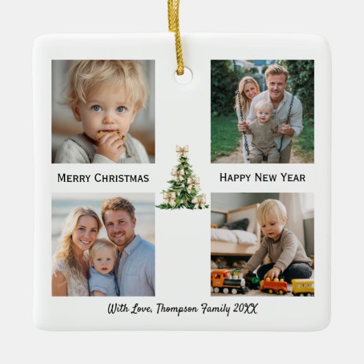 Pine Tree Bow Christmas Elegant Photo Custom Keramikornament (Vorderseite)