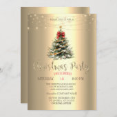 Pine Tree, Bow, String Lights Gold Weihnachten Einladung (Vorne/Hinten)