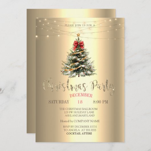 Pine Tree, Bow, String Lights Gold Weihnachten Einladung (Vorne/Hinten)