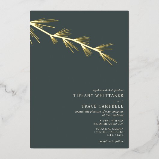Pine Tree Branch Emerald Wedding Foil Einladung (Vorderseite)
