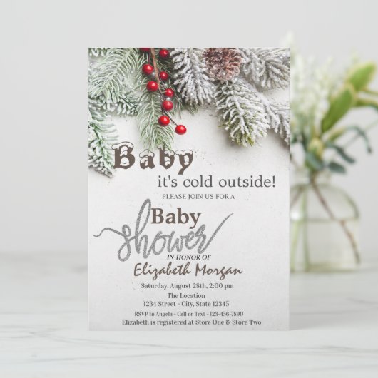 Pine Tree Branches Babydusche Einladung (Stehend Vorderseite)