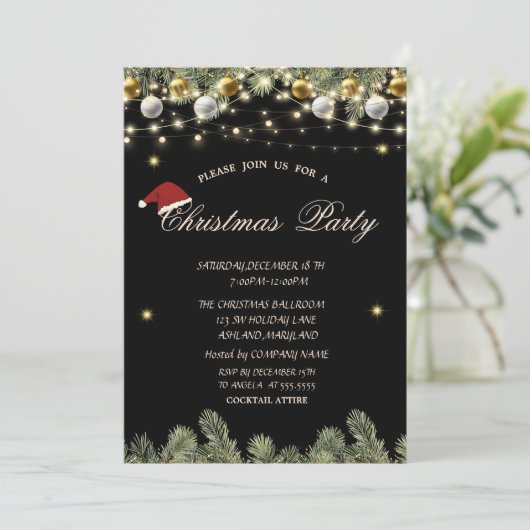 Pine Tree Branches Balls Black Christmas Company Einladung (Stehend Vorderseite)