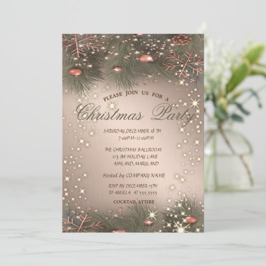 Pine Tree Branches, Balls, Rose Gold Weihnachten P Einladung (Stehend Vorderseite)