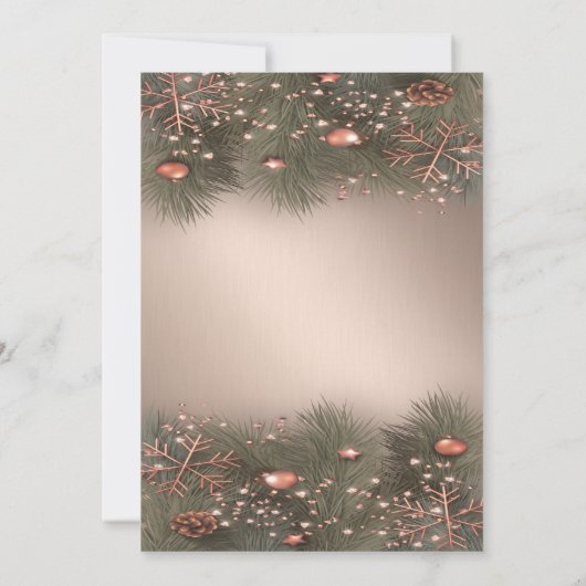 Pine Tree Branches, Balls, Rose Gold Weihnachten P Einladung (Rückseite)