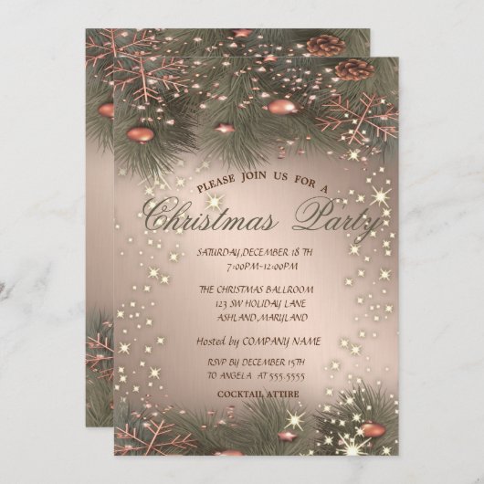 Pine Tree Branches, Balls, Rose Gold Weihnachten P Einladung (Vorne/Hinten)