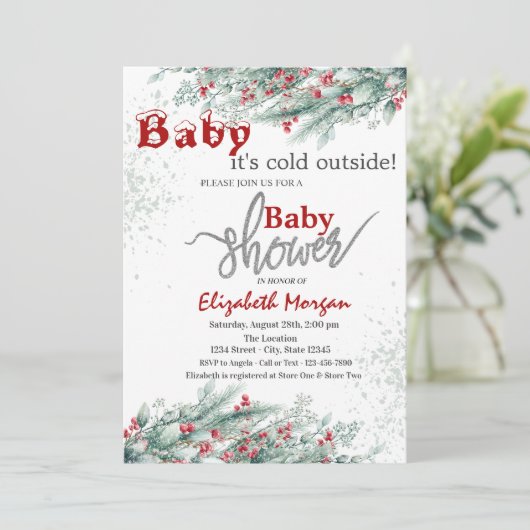 Pine Tree Branches Holly Berry Snow Baby Dusche Einladung (Stehend Vorderseite)