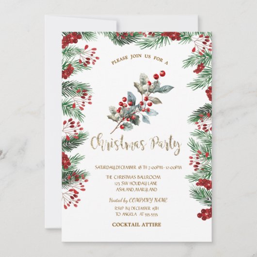 Pine Tree Branches Red Holly Berries Weihnachten Einladung (Vorderseite)