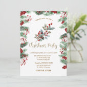 Pine Tree Branches Red Holly Berries Weihnachten Einladung (Stehend Vorderseite)
