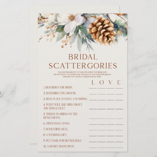Pine Tree Bridal Scattergories Brautparty Spiel Briefpapier (Vorne/Hinten)