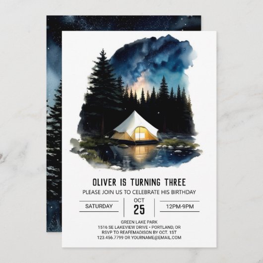 Pine Tree Campout Journey Birthday Einladung (Vorne/Hinten)