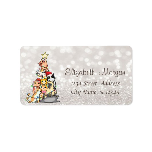 Pine Tree Cats Glittery Bokeh Adressaufkleber (Vorne)