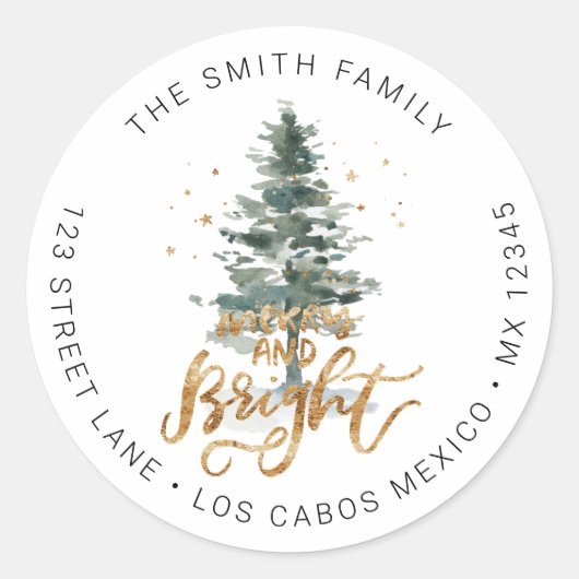 Pine Tree Christmas Merry & Bright Rücksendeadress Runder Aufkleber (Vorderseite)