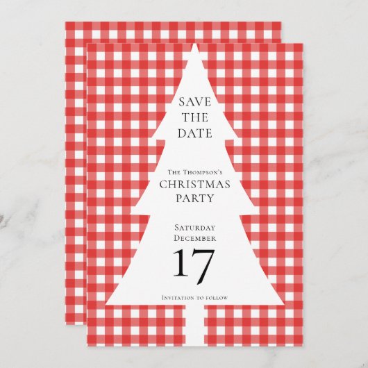 Pine Tree Christmas Red Gingham Save the Date Einladung (Vorne/Hinten)