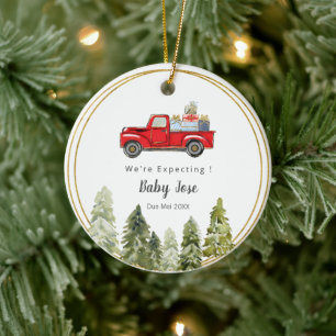 PINE TREE Christmas Truck We're Expecting Eltern Keramik Ornament