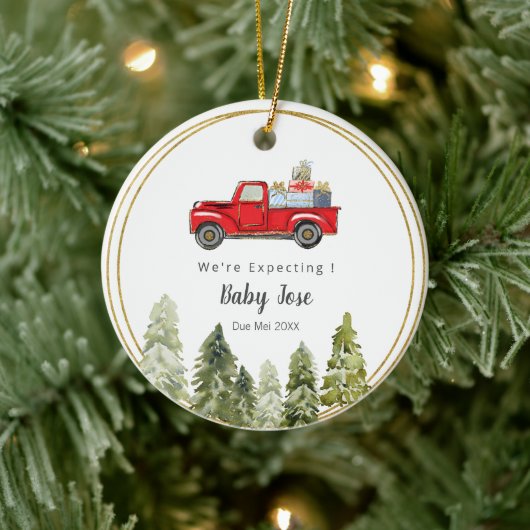 PINE TREE Christmas Truck We're Expecting Eltern Keramik Ornament (Baum)