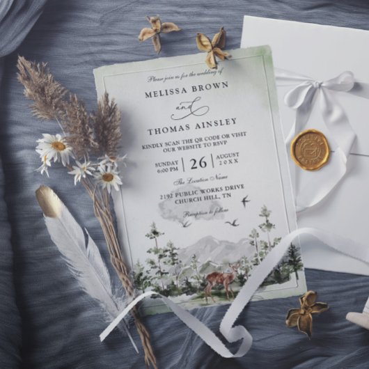 Pine Tree Deer Forest Mountain QR Code Wedding Einladung