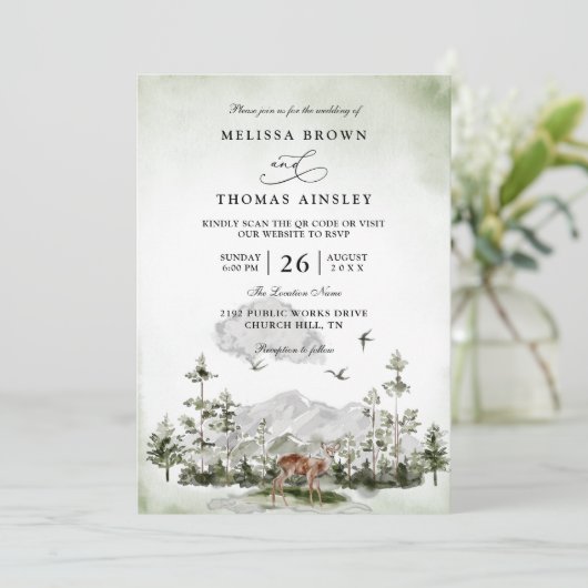 Pine Tree Deer Forest Mountain QR Code Wedding Einladung (Stehend Vorderseite)