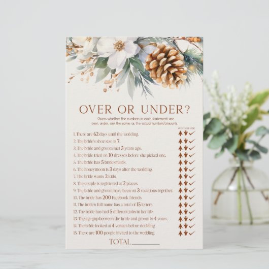 Pine Tree Floral Over oder Under Brautparty Game Briefpapier (Stehend Vorderseite)