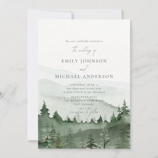 Pine Tree, Foggy Mountains Rustic Wedding  Einladung (Vorderseite)
