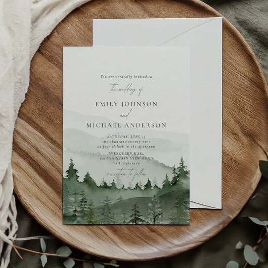 Pine Tree, Foggy Mountains Rustic Wedding  Einladung