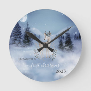 Pine Tree Fores, Deer Blue Holiday Runde Wanduhr
