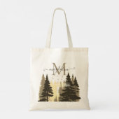 Pine Tree Forest Beige Skriptname Monogram Tragetasche (Rückseite)