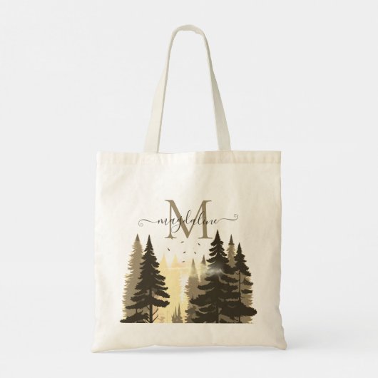 Pine Tree Forest Beige Skriptname Monogram Tragetasche (Rückseite)