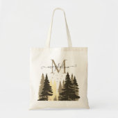 Pine Tree Forest Beige Skriptname Monogram Tragetasche (Vorne)