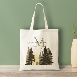 Pine Tree Forest Beige Skriptname Monogram Tragetasche