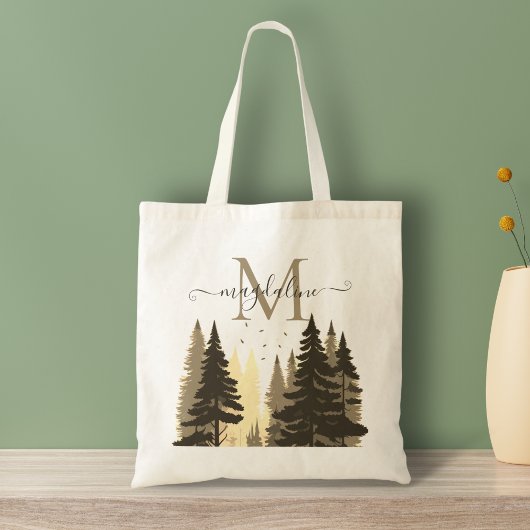 Pine Tree Forest Beige Skriptname Monogram Tragetasche