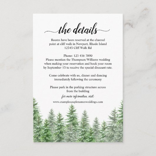 Pine Tree Forest Calligraphy Wedding Details Card Begleitkarte (Vorderseite)
