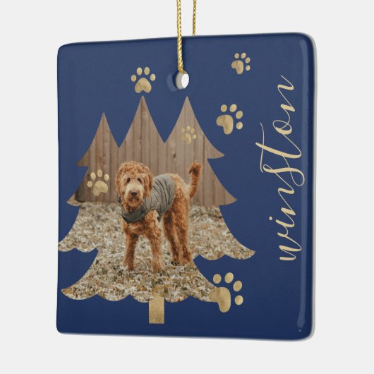 Pine Tree Forest Custom Pet Foto & Name Paw Print Keramikornament (Links)