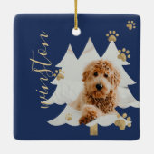 Pine Tree Forest Custom Pet Foto & Name Paw Print Keramikornament (Rückseite)