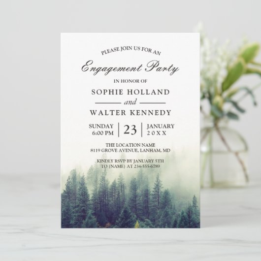 Pine Tree Forest Polterabend Engagement Party Einladung (Stehend Vorderseite)