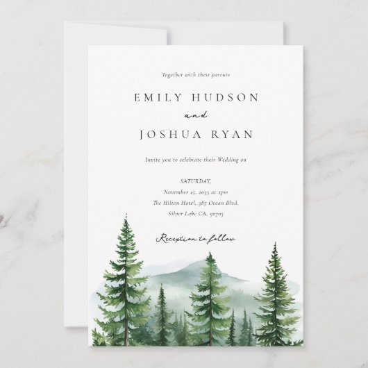 Pine Tree Forest QR Foto Wedding Einladung (Vorderseite)