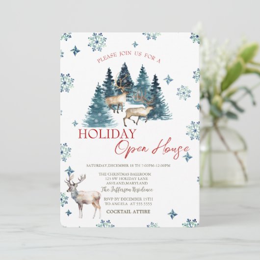 Pine Tree Forest Rentier Holiday Open House Einladung (Stehend Vorderseite)