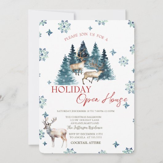 Pine Tree Forest Rentier Holiday Open House Einladung (Vorderseite)