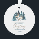 Pine Tree Forest Rentier Unser erstes Weihnachtsfe Ornament<br><div class="desc">Wasserfarbene Rentiere und Pinienwald.</div>
