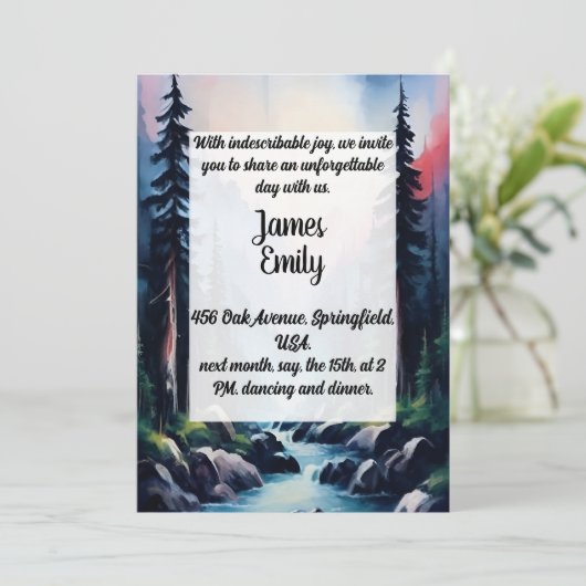Pine Tree Forest Rustic Wasserfarbe Hochzeit Einladung (Stehend Vorderseite)
