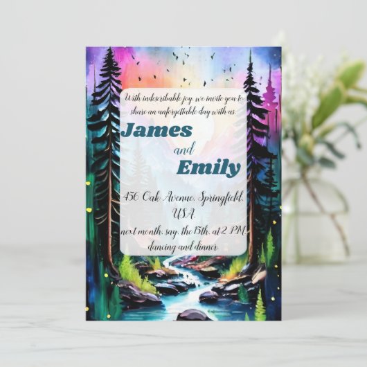 Pine Tree Forest Rustic Wasserfarbe Hochzeit Einladung (Stehend Vorderseite)